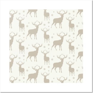 Christmas Winter Stag Buck Deer Snowflake Cream Tan Posters and Art